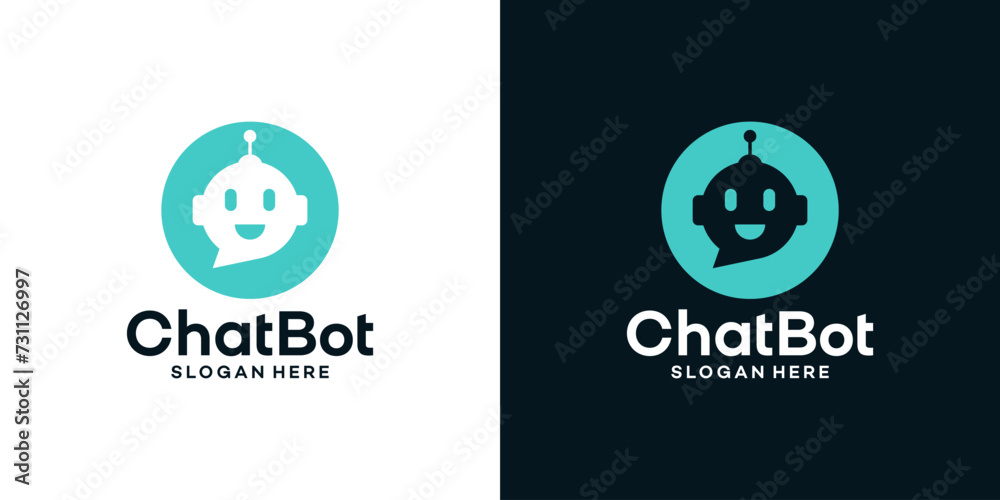 Virtual smart assistant Bot logo design template. Robot head logo with chat bubble graphic design vector. Symbol, icon, creative.