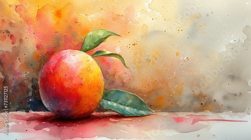 a painting of two oranges with green leaves on top of a red and yellow background with watercolor splashes.