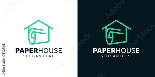 House building logo design template with roll of document paper graphic design vector. Symbol, icon, creative.