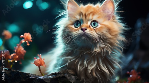 a close up of a cat with a flower in the foreground and a blurry background in the background. photo