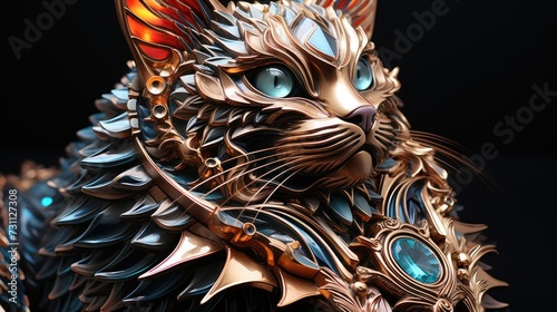 a close up of a metal sculpture of a cat with blue eyes and a large, intricate design on its face. photo