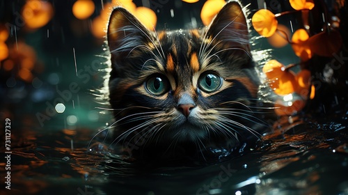a close up of a cat in a body of water with orange lights in the background and a blurry image of a cat's face.