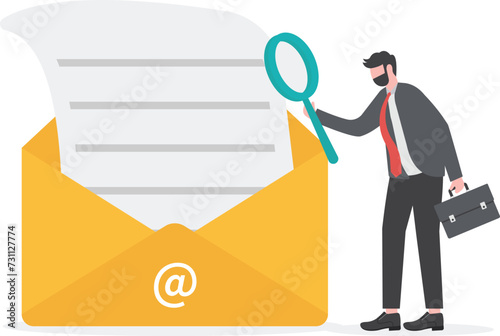 Email scan for cyber security, data protection or junk mail, online communication technology, safety and protection concept, businessman scan email with magnifying glass throw junk mail into bin.

