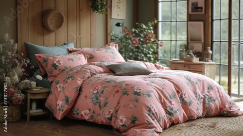 a bedroom with a bed covered in a pink flowered comforter and matching pillows and pillows on the bed.