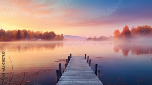 Craft a calendar page for September with a tranquil lakeside pier, bathed in the soft glow of evening.