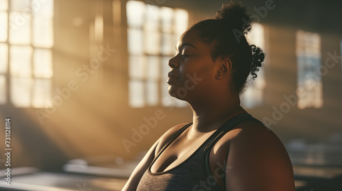 curvy woman meditating in the gym photo