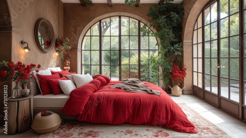 a bed with a red comforter and pillows in a room with large windows and a rug on the floor. photo