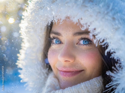 Caucasian/Russian woman outdoor on the snow. Snowfall. Snowflakes fall around her.