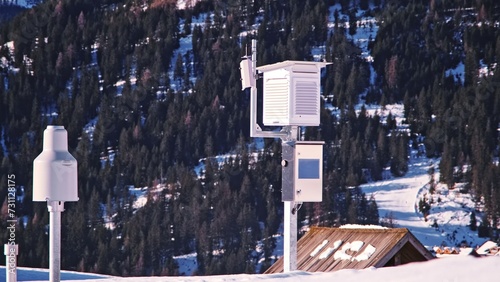 Alpine Village Weather Station Equipment with Stevenson Screen Instrument Shelter Containing Thermometer Hygrometer Psychrometer Dewcell Barometer Thermograph Sensors photo