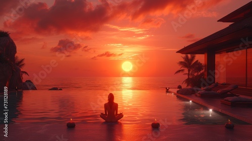a woman sitting on the edge of a swimming pool watching the sun go down over the ocean with a sunset in the background. photo