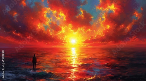a painting of a person standing in the middle of a body of water with a bright sunset in the background.