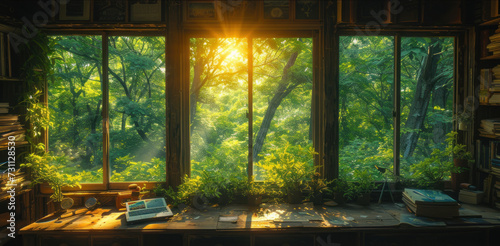 the sun shines through a window in a room with books on a table and a book case in front of it.