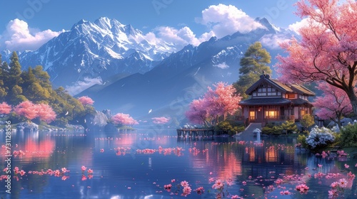 a painting of a house on a lake with pink flowers in the foreground and a mountain range in the background.