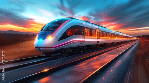 a high speed train on a track with a colorful sky in the background of the picture and the sun setting in the background.