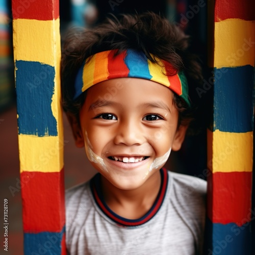 Happy kid closeup playing with national colors of colombia 