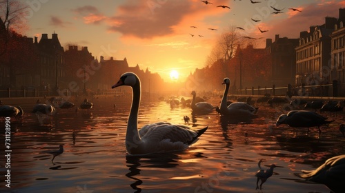 a flock of swans floating on top of a lake next to a city at sunset with birds flying over the water.