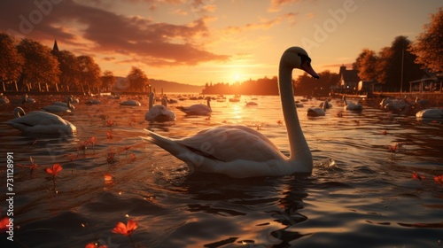 a flock of swans floating on top of a lake next to a lush green forest covered in red and white flowers.