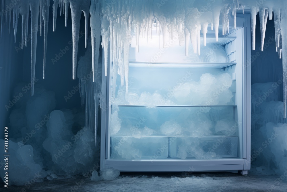 Icicles forming on the interior of refrigerator freezer, creating a frigid and frosty backdrop Icicles forming on the interior of refrigerator freezer, creating a frigid and frosty backdrop