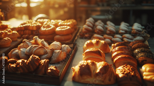 Assorted pastry and bread arranged on tray selling at bakery shop. photo