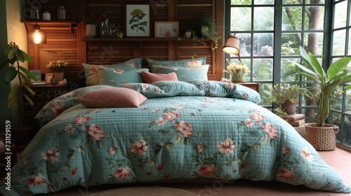 a bed room with a neatly made bed next to a window and a potted plant on the side of the bed.