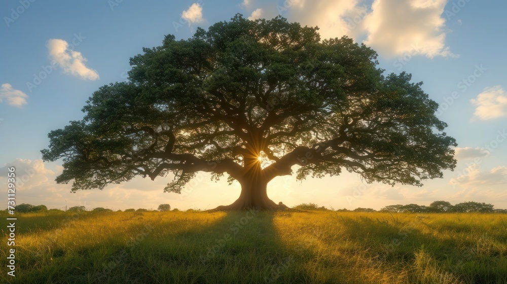 a large tree in a grassy field with the sun shining through the tree's leaves on a cloudy day.