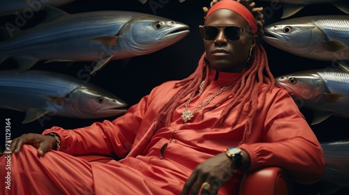 a man with dreadlocks sitting in front of a bunch of fish on a black background wearing a red outfit. photo