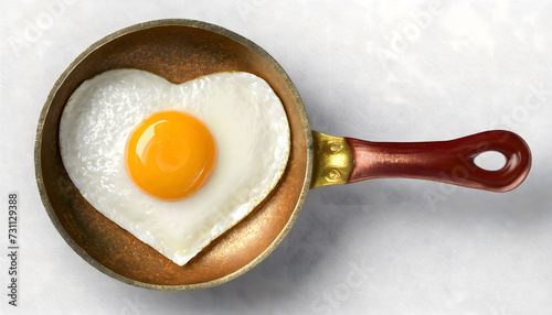 Heart shaped fried egg in a frying pan. Breakfast, healthy eating and organic food concept