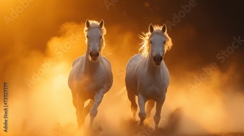 a couple of white horses running through a foggy field with the sun shining through the clouds in the background.