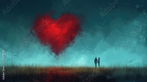a painting of a man and a woman standing in a field with a large red heart in the sky above them.
