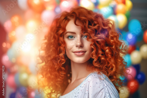 Caucasian redhead young woman smiling looking at camera over abstract banner multicolored sparkling rainbow particles crystal bokeh background. Party femininity. Festive decoration copy space