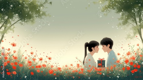a painting of two people standing in a field of flowers with a gift box in their hand and a tree in the background. photo