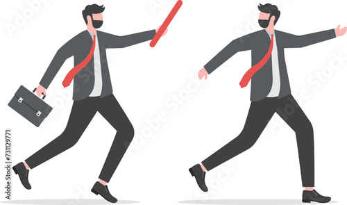 Teamwork concept. Two businessman passed from hand to hand relay baton. Cooperation, partnership. Symbol of working together. Business metaphor. Running people.

 photo