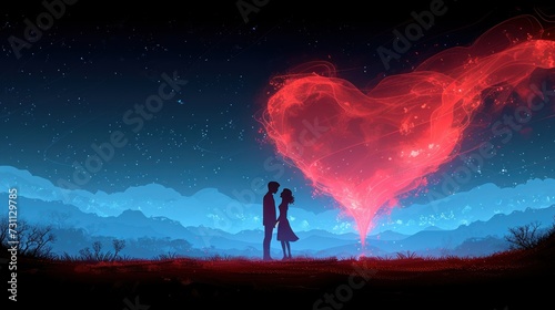 a couple standing next to each other in front of a heart shaped cloud filled with stars and a star filled sky.