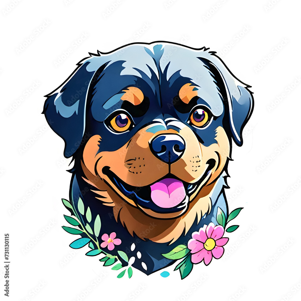 Head of a Rottweiler type dog decorated with flowers