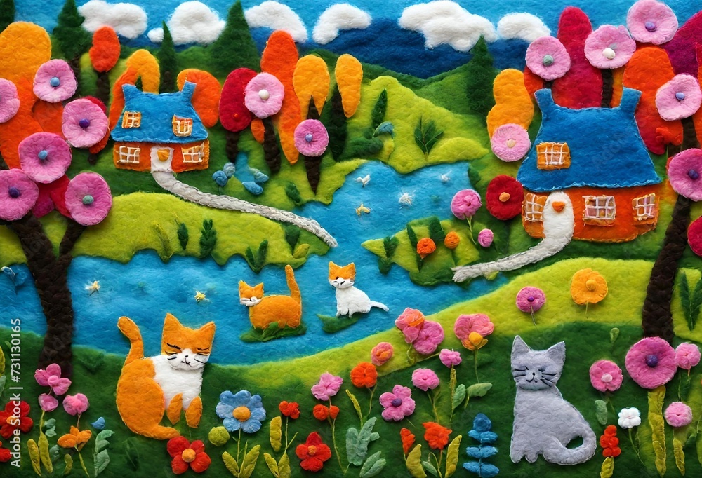 Obraz premium view of a meadow with cats playing in front of the house Among the flowers and trees, felt art