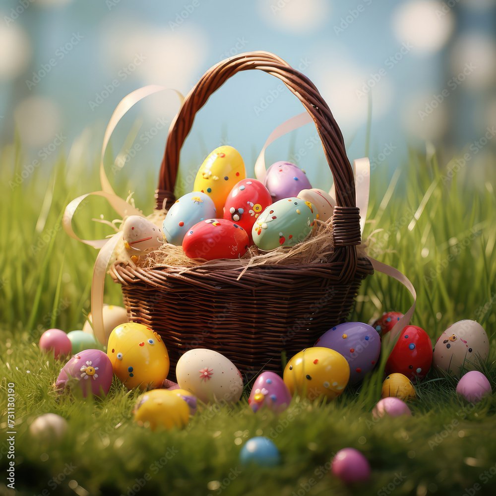 Colorful Easter eggs in a basket on grass, garden, nature, forest background