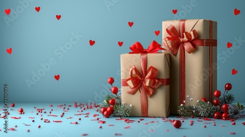 two presents wrapped in brown paper with red bows and bows on them, surrounded by confetti and hearts. photo