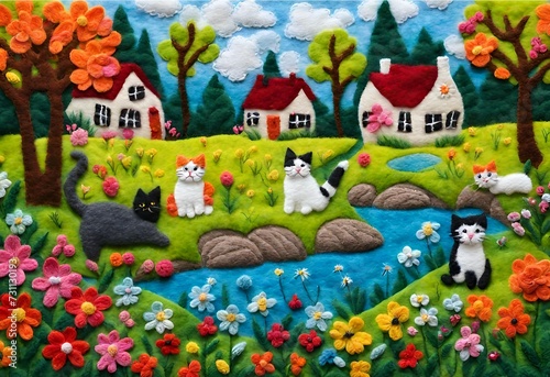  view of a meadow with cats playing in front of the house  Among the flowers and trees, felt art