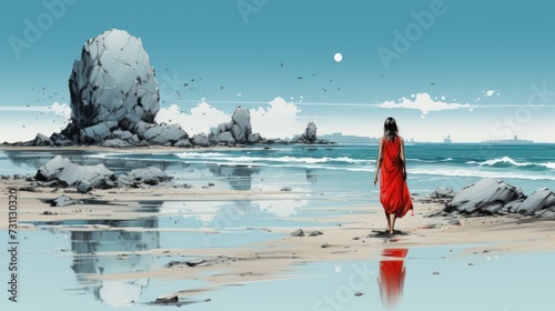 a painting of a woman in a red dress standing on a beach looking out at the ocean with a rock formation in the background. photo