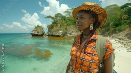a woman standing in front of a body of water with a hat on her head and a backpack on her shoulder. photo