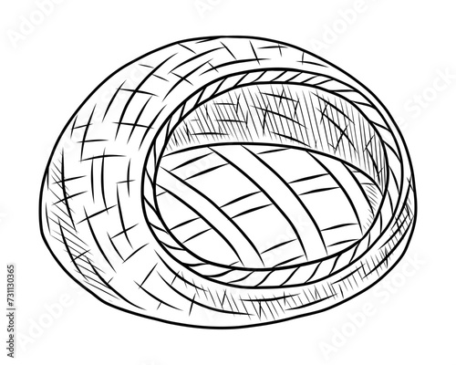 BLACK AND WHITE VECTOR DRAWING OF A WICKER BASKET OF A BED FOR PETS