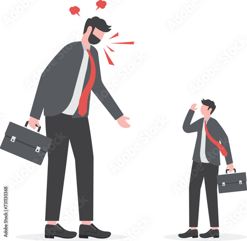 Complainer boss, angry and furious on work failure criticism, underperform employee or conflict in work concept, big boss businessman furious, mad complaining, shouting to sad underperform employee.

