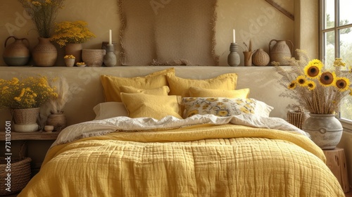 a bed with a yellow comforter and a bunch of sunflowers in vases on the headboard.