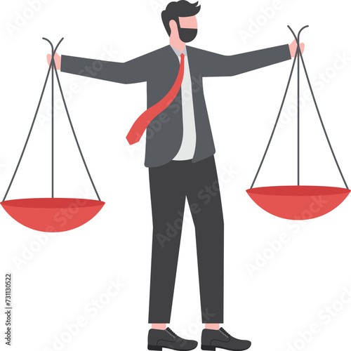 Comparison advantage and disadvantage, integrity or honest truth, pros and cons or measurement, judge or ethical, decision or balance concept, businessman comparing scale to be equal, fair measuring.

