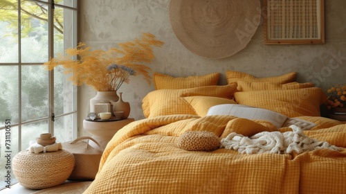 a bed with a yellow comforter next to a window with a vase of flowers on the side of the bed. photo