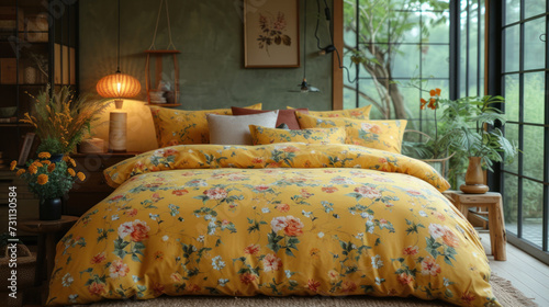 a bed with a yellow floral comforter in a room with a large window and potted plants on the side of the bed.