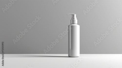 a blank white hair serum bottle on a solid gray background, with a pump and a serum effect. 