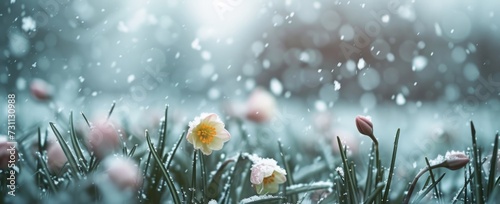 spring flowers in snow on a field Generative AI
