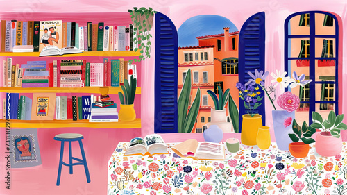 Cozy Bookstore Hideaway: Independent Bookstore. Bookstore Window with Street Views and Bookshelves. Bookish Vibes at Quaint Bookshop. Literary Escape during Book Browsing. Hand Drawn Gouache Illustrat