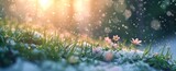 spring time flower background with green grass, sun, and snow Generative AI